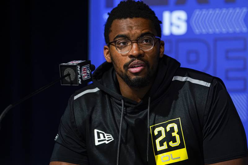 Southern Utah offensive lineman Braxton Jones speaks during a press conference at the NFL combine, Thursday, March 3, 2022. in Indianapolis.
