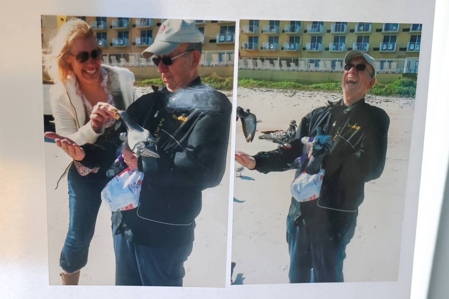 A pair of photos show Wayne McCarty enjoying feeding some birds on Daytona Beach with the help of his daughter, Janet.