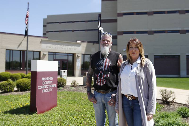 Todd Sabo and Sara Meyer, the parents of Colton Sabo, outside the are McHenry County Correction Center in Woodstock on Friday May 3, 2024. They are suing the McHenry County, McHenry County Sheriff Robb Tadelman, Wellpath, hired to provide medical services to inmates, and a corrections officer in relation to their son's death. Colton Sabo was found unresponsive in his cell on July 28, 2023, and was pronounced dead in the hospital the next day.