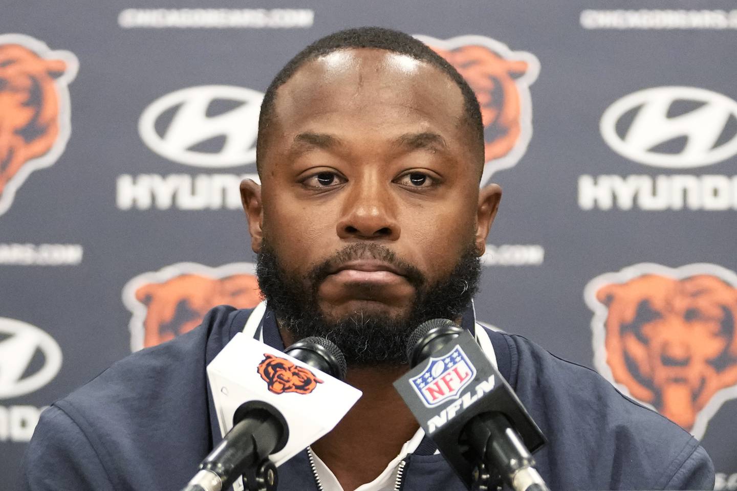 Chicago Bears interim head coach Thomas Brown listens to reporters during an NFL football news conference at Halas Hall in Lake Forest, Ill., Monday, Dec. 2, 2024. (AP Photo/Nam Y. Huh)