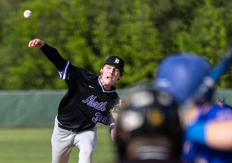 Downer’s Grove North pitcher Colin Doyle pitches during a game against Lyons Township in Downers Grove on Monday, May 12, 2025.