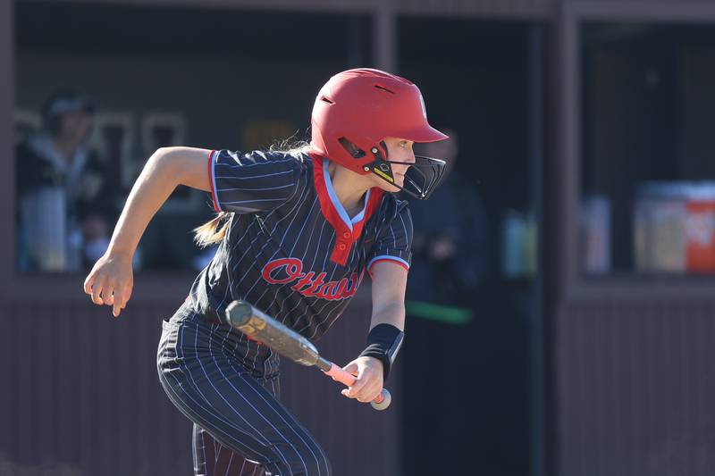 Ottawa’s Rylee Harsted drives in a run on a fielders choice against Morris on Wednesday, April 8, 2026 in Morris.