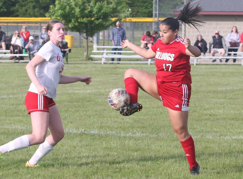 Streator's Abby Calderon stops a kick from Ottawa's Mary Rodriguez during the Class 2A Regional game on Friday, May 10, 2024 at James Street Recreation Complex in Streator.
