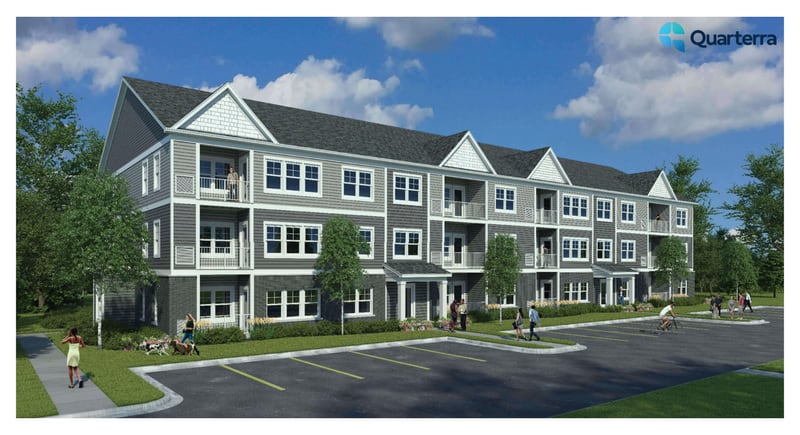 Concept plan renderings of the proposed Emblem St. Charles apartment development on the west side of St. Charles.