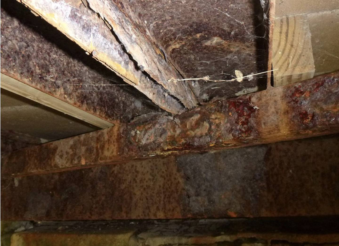 A look at the corrosion on a section of the bracing and main beams of the 8th Street Gaylord Building  pedestrian bridge over the old I & M Canal in downtown Lockport.