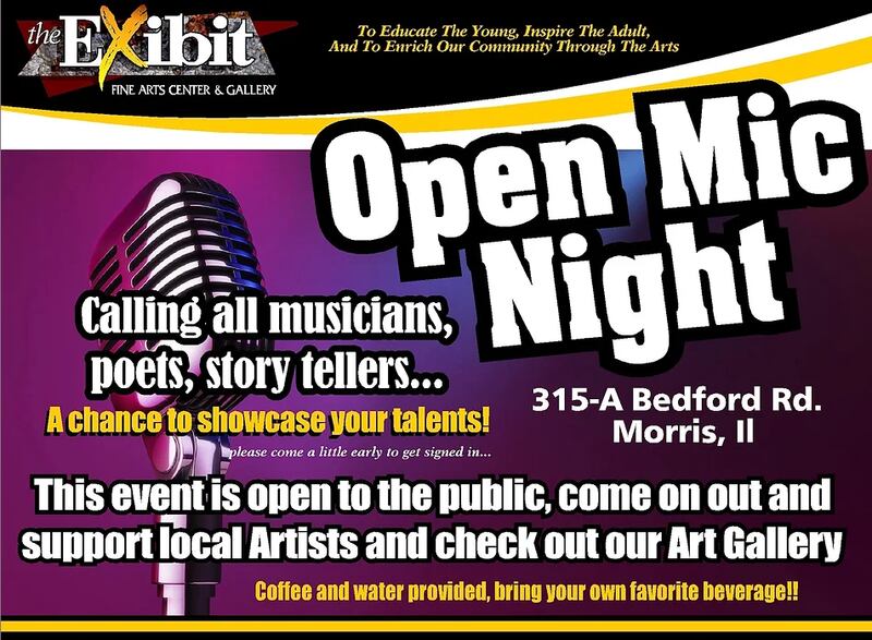 The flyer for the EXibit Fine Arts Center Open Mic night.