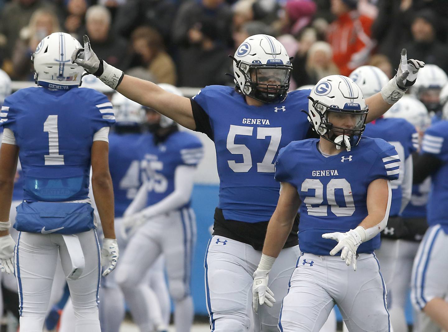 Geneva’s Nicholas Elliott celebrates their win over Cary-Grove in an IHSA Class 6A semifinal football game on Saturday, Nov. 23, 2024, at Geneva High School.