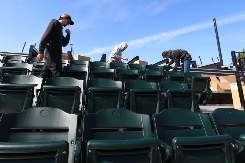 Workers from Hayden Construction installed box seats at Schweickert Stadium on Monday, March 6, 2023 in Peru. The stadium home of the Pistol Shrimp grandstand was approved by the Peru City Council last June. This phase included 575 box seats, a new grandstand and press box.