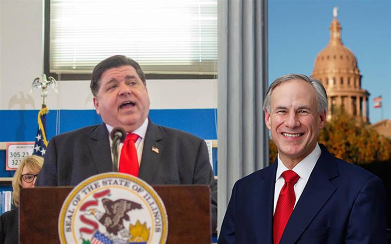 Illinois Gov. JB Pritzker (Capitol News Illinois photo) and Texas Gov. Greg Abbott (credit: Texas.gov)