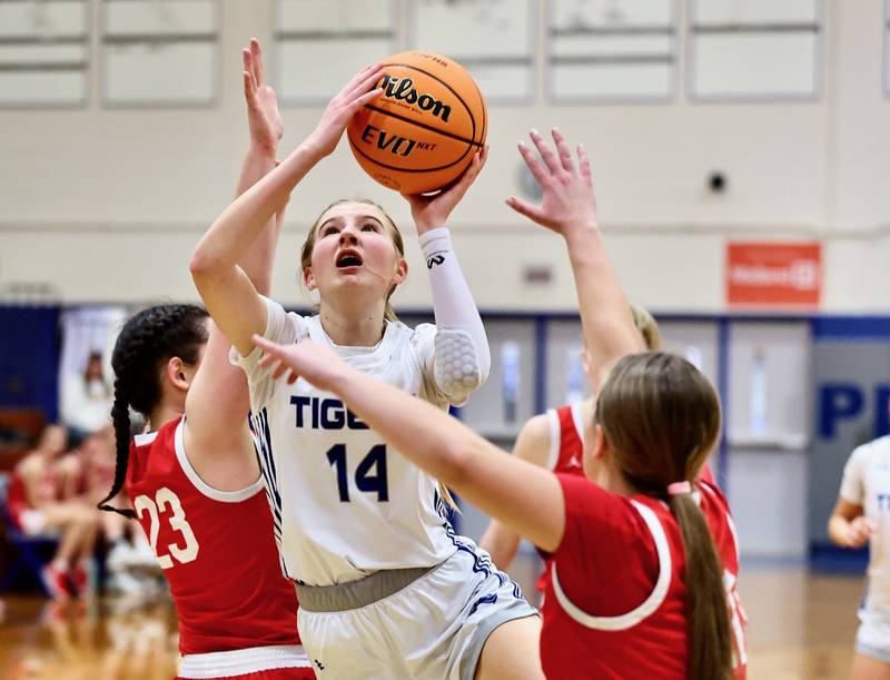 Princeton's Payton Brandt shoots in the second half against Ottawa Tuesday night at Prouty Gym. The Pirates won 44-40.