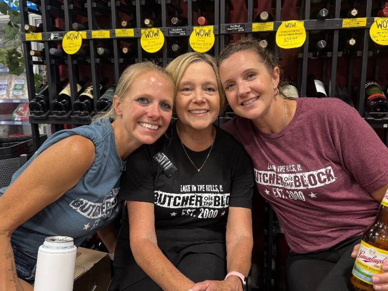 Brynn Zimmerman (from left); her mom Jill Yucuis, widow of Tom Yucuis; and Zimmerman's sister Katie Neil are pictured at the 25th anniversary celebration of Butcher on the Block in Lake in the Hills weekend of Aug. 15, 2025.