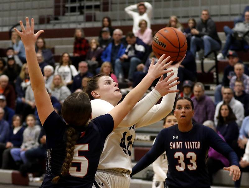 Cary-Grove's Emily Larry drives to the basket against St. Viator's Kyli Ziebka during an IHSA Class 3A Antioch Sectional semifinal girls basketball game on Tuesday, Feb. 20, 2024, at Antioch High School.