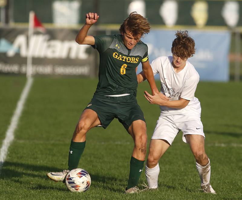 Crystal Lake South's Blake Marunde tries to control the ball against Huntley's Gavin Eagan during a Fox Valley Conference soccer match on Thursday, Sept. 28, 2023, at Crystal Lake South High School.