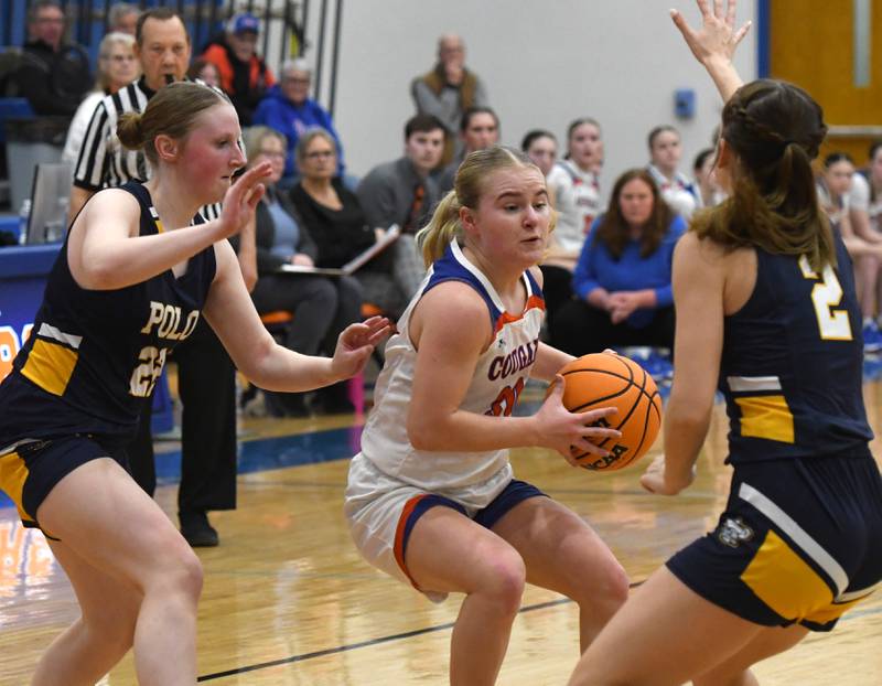 Eastland's Morgan McCullough makes a move to the basket as Polo's Avalyn Henry (left) and Laynie Mandrell (right) defend on Tuesday, Feb. 10, 2026 at Eastland High School in Lanark.