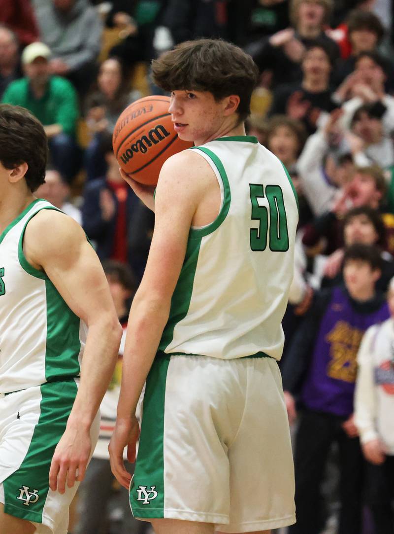 York’s Hunter Steponich (50) looks back at the bench after being fouled on a rebound against Downers Grove North during a boys varsity basketball game on Saturday, Feb. 10, 2024 in Elmhurst, IL.