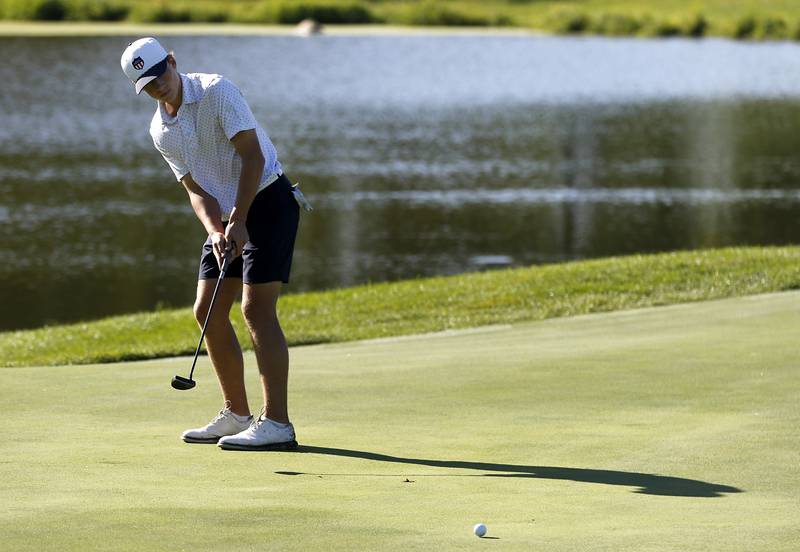 Burlington Central’s Tyler Samaan putts on the 5th green during the Fox Valley Conference Boys Golf Tournament Thursday, Sept. 25, 2025, at Foxford Hills Golf Club in Cary.