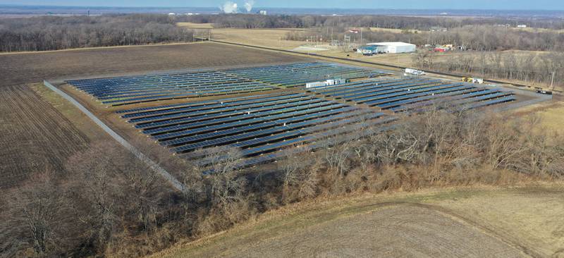 An aerial view of the solar farm located in the 9900 block of Illinois Route 71 on Friday, Jan. 9, 2026 in Granville.
