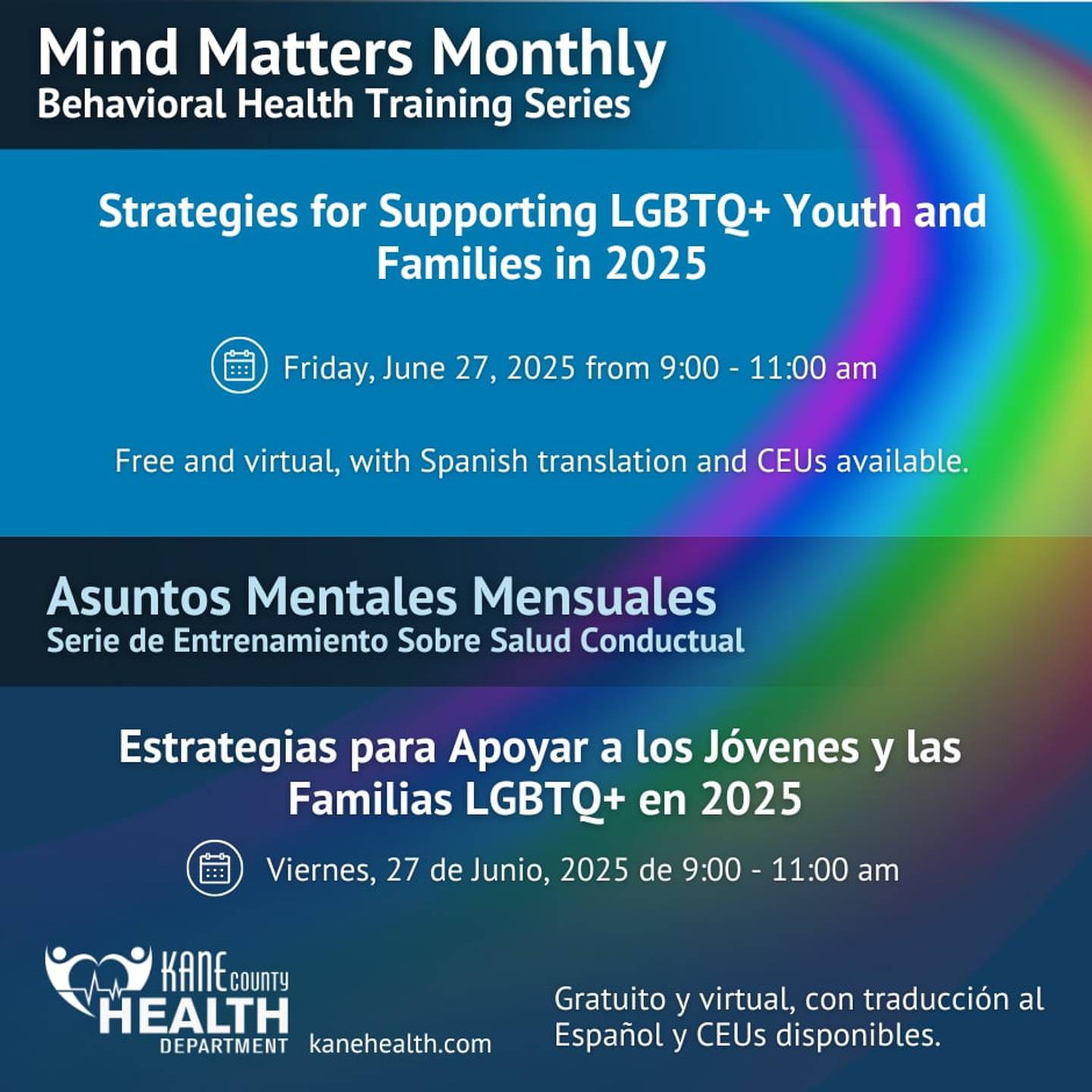 The Kane County Health Department hosts free trainings every month. For May, which is Mental Health Awareness Month. This month, the free training is 'Strategies for Supporting LGBTQ+ Youth and Families in 2025​.'