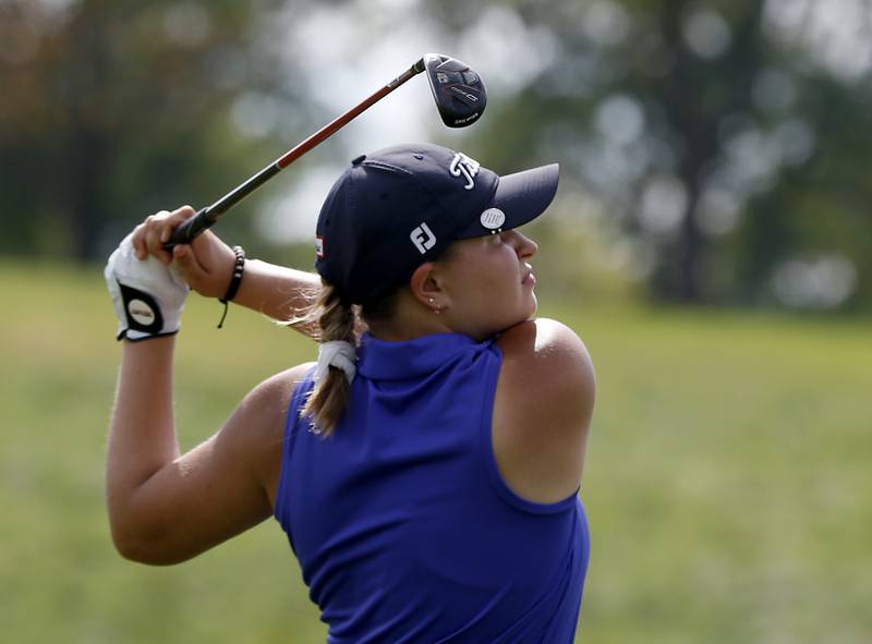 Burlington Central’s Natalia Gusciora  watches her tee shot on the second hole during the Fox Valley Conference Girls Golf Tournament Wednesday, Sept. 21, 2022, at Crystal Woods Golf Club in Woodstock.