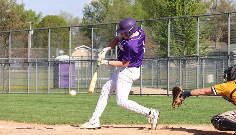 Rochelle's Andrew Huerta rips an RBI base hit during the Hubs' game with Sterling.