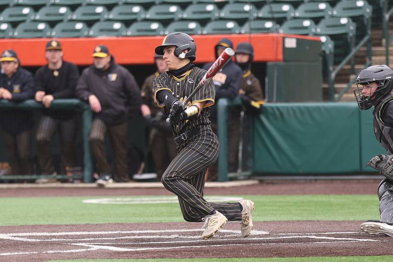 Joliet West’s Michael Murphy singles against Lockport in the WJOL Don Ladas Memorial baseball tournament championship game on Saturday, April 4, 2026 in Joliet.