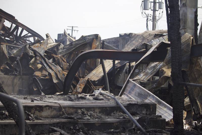 The wreckage from of a fire on Monday, April 14, 2025, that destroyed a building at the site for Rovanco Piping Systems, 20535 SE Frontage Road, Joliet.