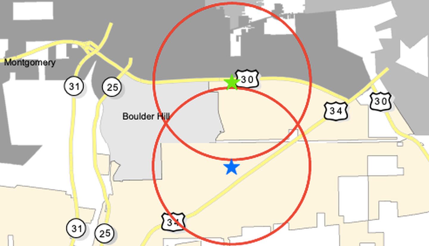 Location map of recently approved Oswego dispensaries and one mile buffer zone. The green star represents Cloud 9 Dispensary, and the blue star represents the dispensary owned by Blounts & Moore, LLC.