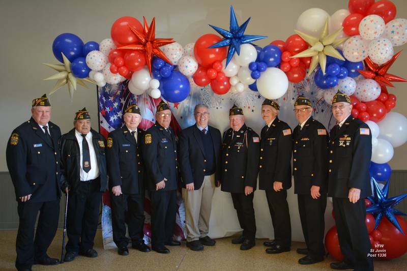St. Juvin Post members(from Left) Bill Bomba, Al Diaz, Jr. Vice-Commander Jim Richards, Mike Lareau, 53rd District Illinois State Senator Tom Bennett, Ron Berta, Adjutant/Quartermaster Keith Roseland, Don Tira and Commander James “Hoppy” Phillips.