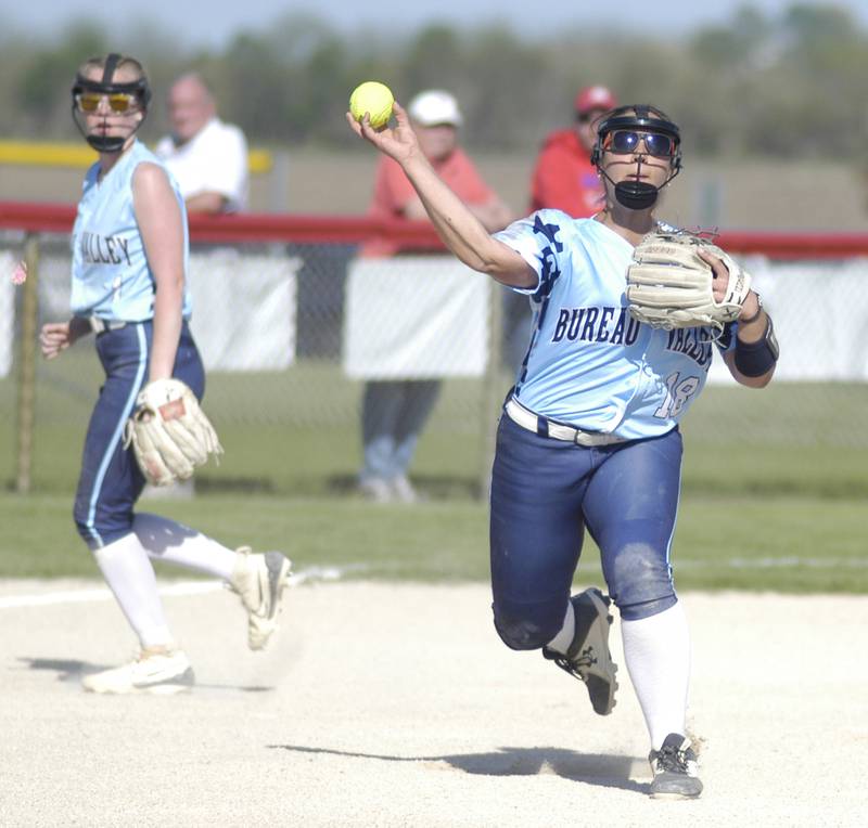 Bureau Valley's Kloey Trujillo throws the ball to first for an out. The Bureau Valley Storm traveled to Morrison for a game against the Fillies on Friday, May 9th, 2025.