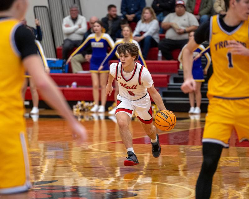 Greyson Bickett (0) of Hall dribbles ball down court on Saturday, December 20, 2025 at Hall High School in Spring Valley.
