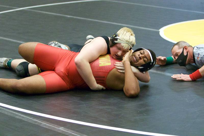 Glenbard North's Blake Maday wrestles Batavia's Christian Allen in the 220-pound championship round at the DuKane Conference at Glenbard North on Jan. 29, 2022 in Carol Stream.