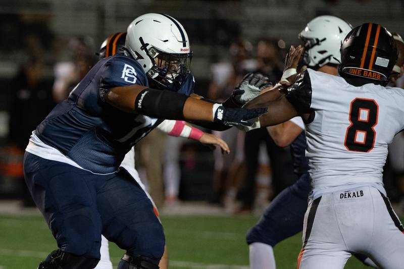 Plainfield South's Donte Green cuts off Dekalb's Justin O'Neal during a game Friday Sept. 6, 2024 at Plainfield South High School