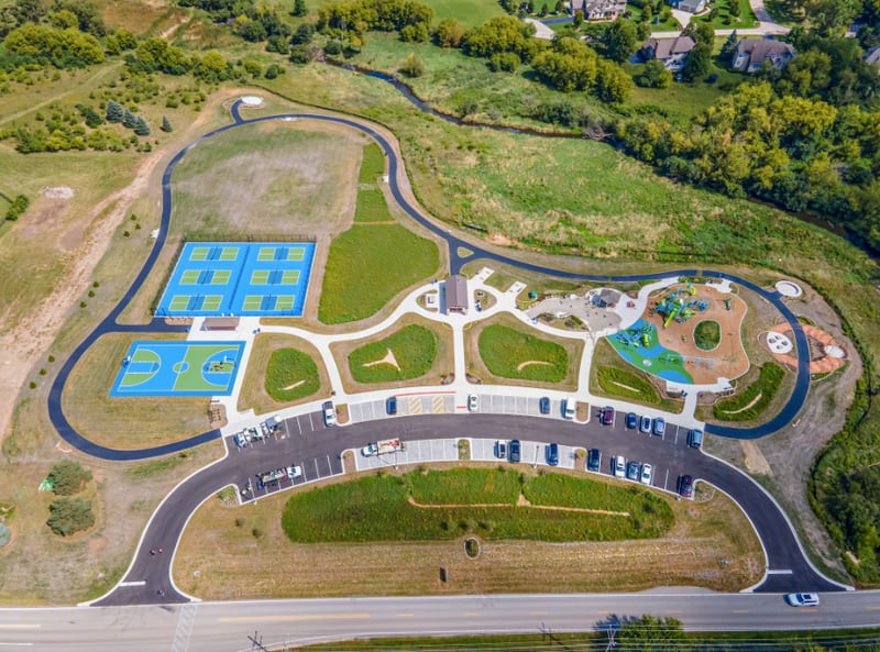 An aerial view of Crystal Lake Park District's Lakewood Meadows park in Lakewood.