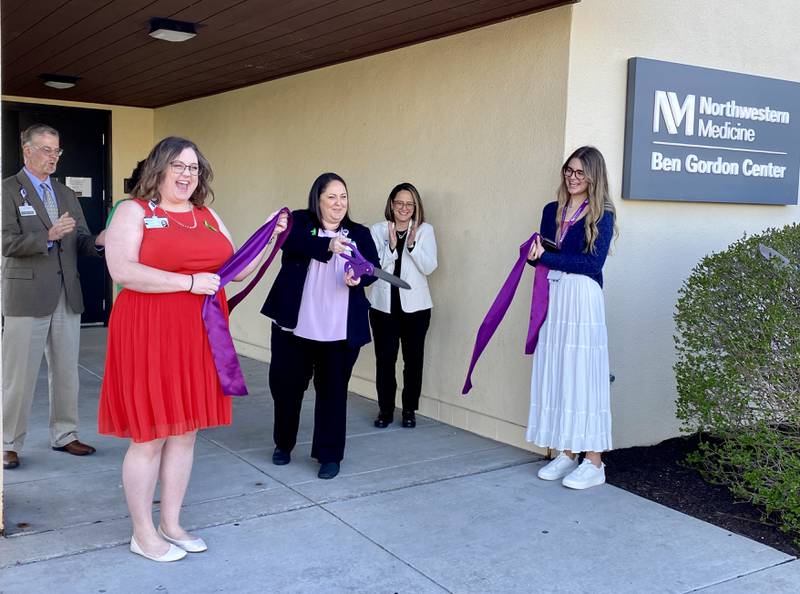 Director Sabrina Nicholson (middle) is joined by staff as she cuts the ribbon at the Northwestern Medicine Ben Gordon Center, 12 Health Services Drive, DeKalb. Center staff held a ribbon cutting ceremony Monday, April 15, 2024, to celebrate the center expanding to offer 24/7 mental health crisis care for those in need.