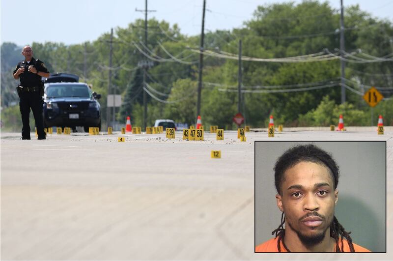Dozens of yellow evidence markers were placed Sunday, Aug. 29, 2021, in the intersection of Route 31 and Bull Valley Road in McHenry after officers responded to a report of shots fired. Deontae M. Wade, inset, and Dante L. Terrell Jr. were each charged in connection with the incident.