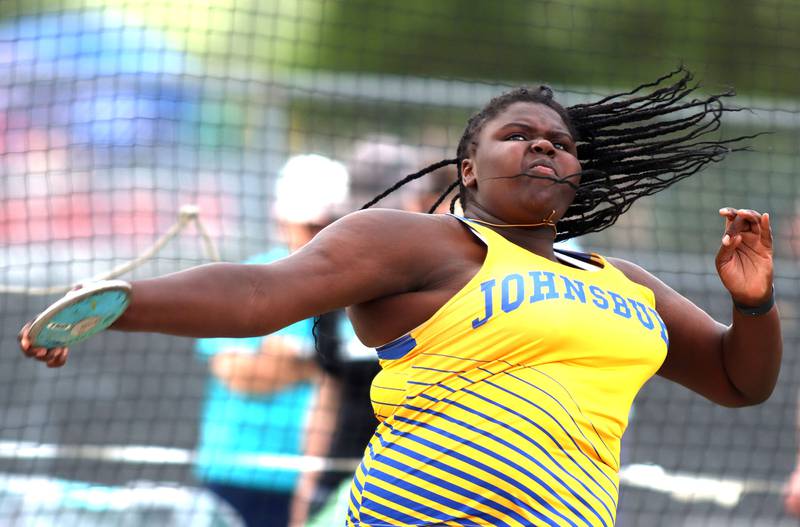 Johnsburg’s Stori Hurckes competes in the discus in IHSA Class 2A Girls Sectional Track action at Genoa-Kingston School in Genoa on Friday, May 16, 2025.