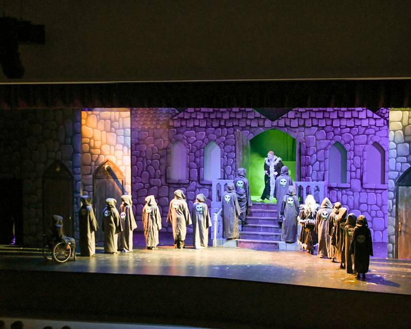 Downers Grove North’s Zac Lanman who plays Mr. Voldy preforms during the production of Puffs on Saturday Nov. 23, 2024, held at Downers Grove North’s High School auditorium.