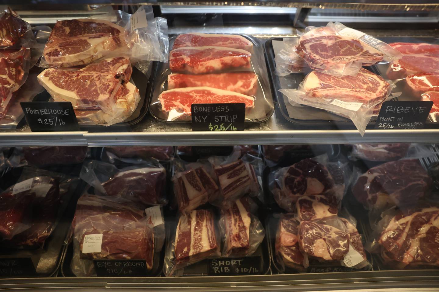 Freshly cut meat sits in the display case at Hufendick Farm Market in Downtown Plainfield. The Plainfield butcher shop sells meat from their humane certified farm raised animals.
