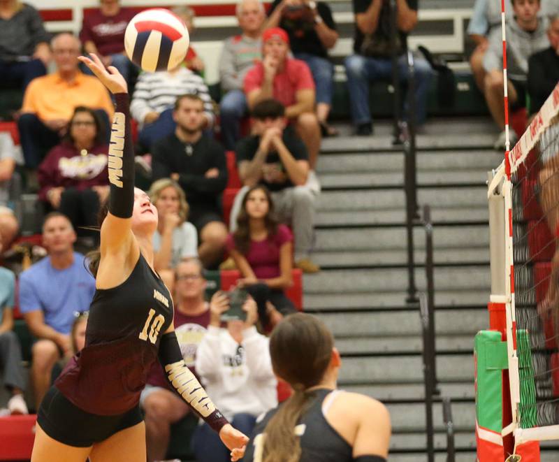 Morris's Brooke Thorson sends a spike to L-P on Thursday, Oct. 10, 2024 in A.J. Sellett Gymnasium at L-P High School.