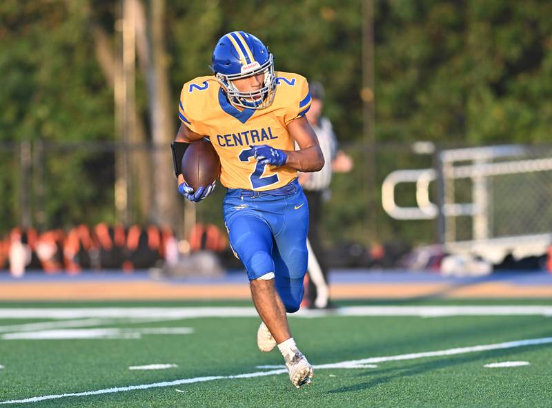 Joliet Central's Christian Smith returning a kickoff during a non-conference game Minooka on Friday, Sep 13, 2024 at Joliet. (Dean Reid for Shaw Local News Network)