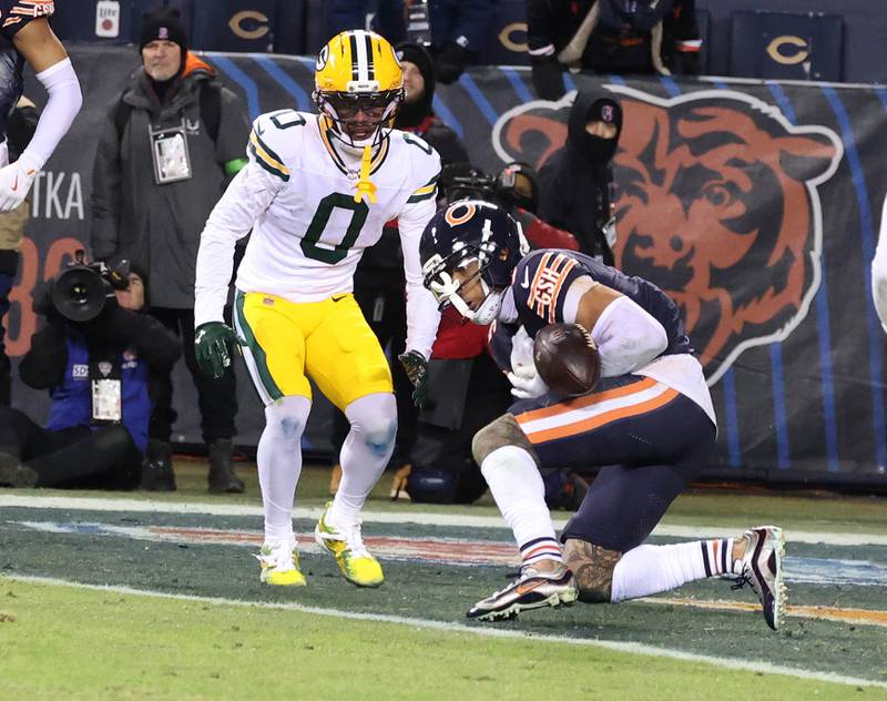 Chicago Bears cornerback Kyler Gordon knocks down the pass intended for Green Bay Packers wide receiver Matthew Golden on the last play of the game preserving the win in the NFL Wild Card game Saturday, Jan. 10, 2026, at Soldier Field in Chicago.