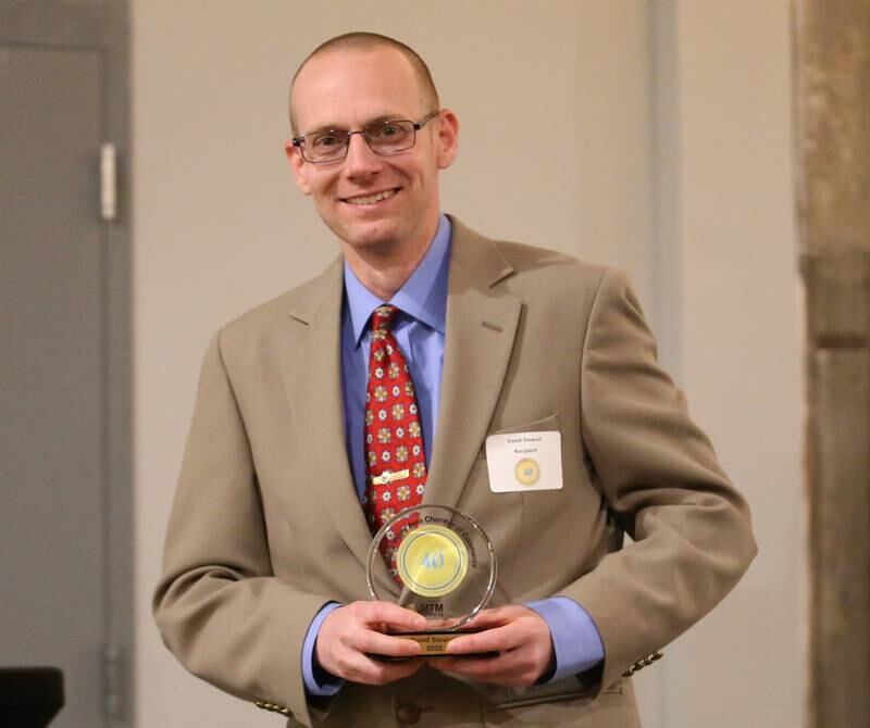 Dave Stewart, Village President, Village of North Utica poses for a photo with his award during the Illinois Valley Chamber of Commerce 40 Under Forty Awards Gala on Thursday, Feb. 9, 2023 at Westclox in Peru.