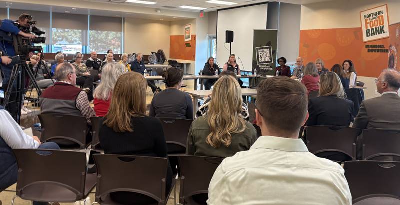 The audience listens to a roundtable about SNAP cuts at the Northern Illinois Food Bank in Geneva Nov. 7, 2025.