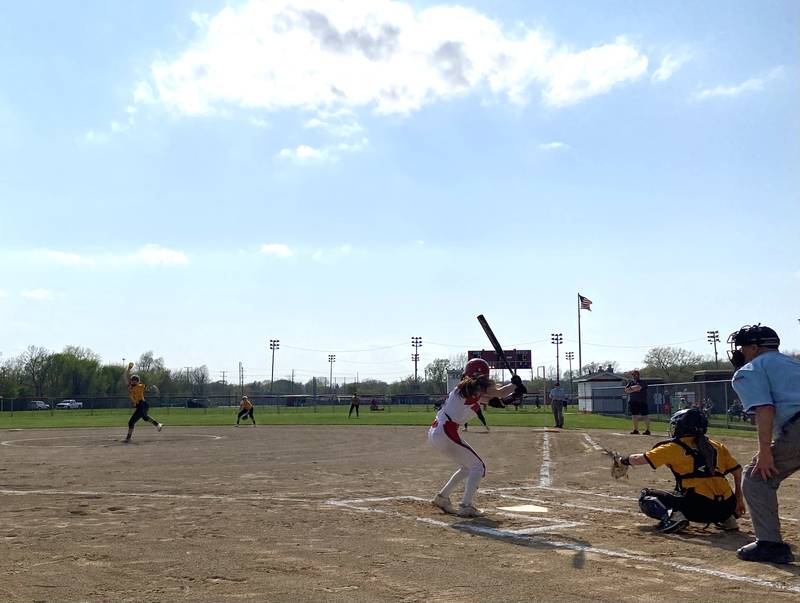 Streator batter Rilee Talty (5) awaits a pitch from Reed-Custer's Abby Sunday (8) during the teams' Illinois Central Eight Conference meeting Monday, May 9, 2022, at the SHS Athletic Fields.