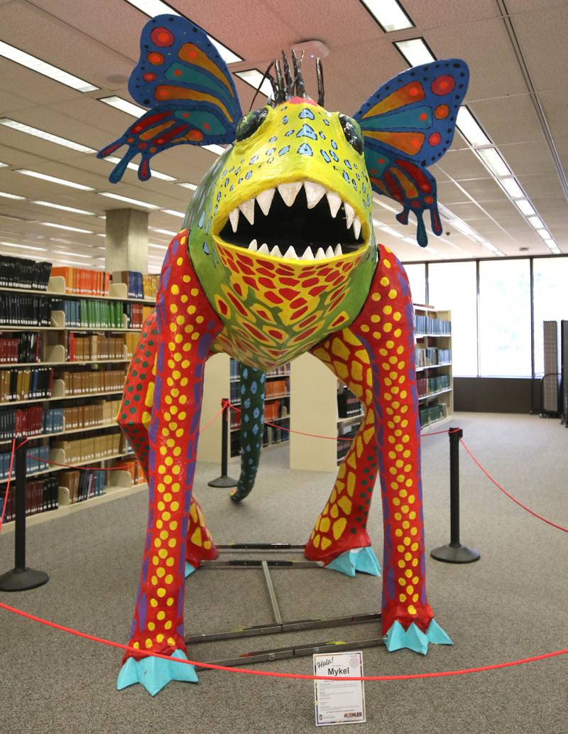 One of the alebrijes titled Mykel, by Edgar Israel Camargo Reyes, on display Thursday, Feb. 29, 2024, in Founders Memorial Library at Northern Illinois University in DeKalb.
