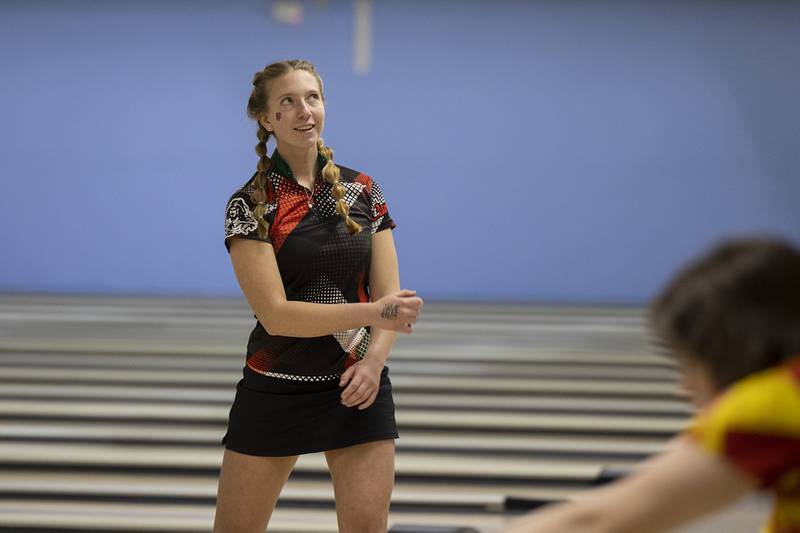 Lasalle-Peru’s Olivia Weber celebrates a strike during bowling regionals at Plum Hollow in Dixon on Saturday, Feb. 4, 2023.