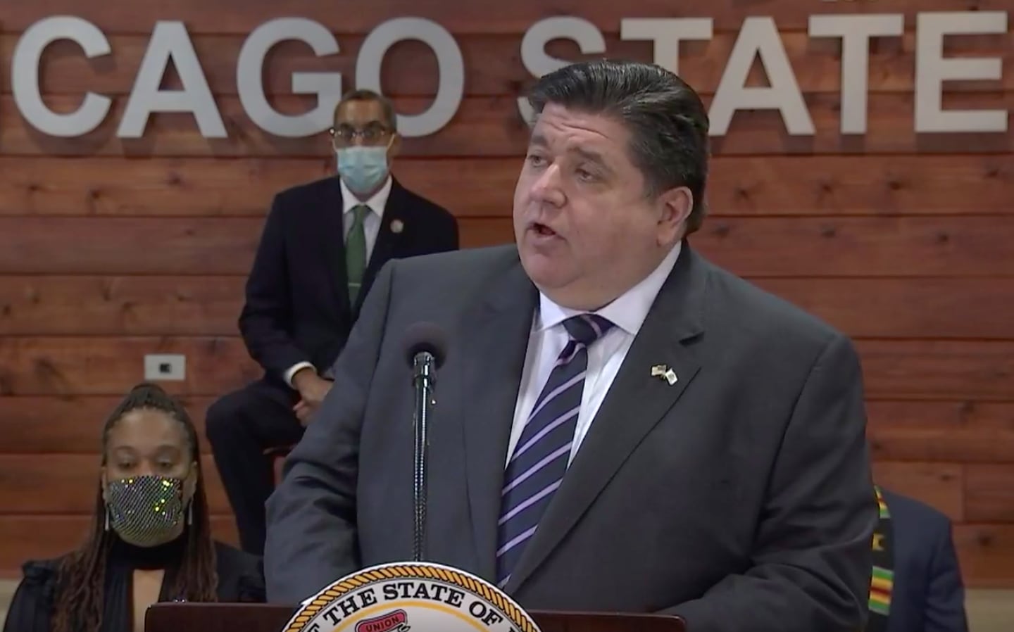 Gov. JB Pritzker speaks at Chicago State University  on Feb. 22, 2021 before he signs the sweeping criminal justice reform bill passed in the General Assembly earlier this year.