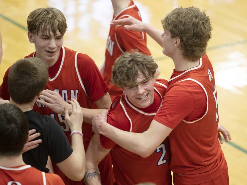 Oregon celebrates after defeating Mendota 65-52 Friday, Feb. 27, 2026, at the Class 2A Rock Falls boys basketball regional.