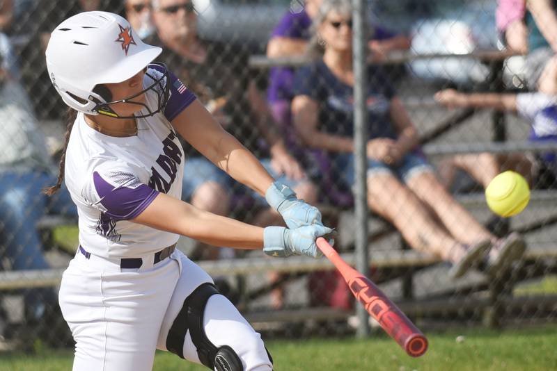 Wilmington's Madisyn Rossow connects on a double during a home game against Beecher Thursday, April 23, 2026.