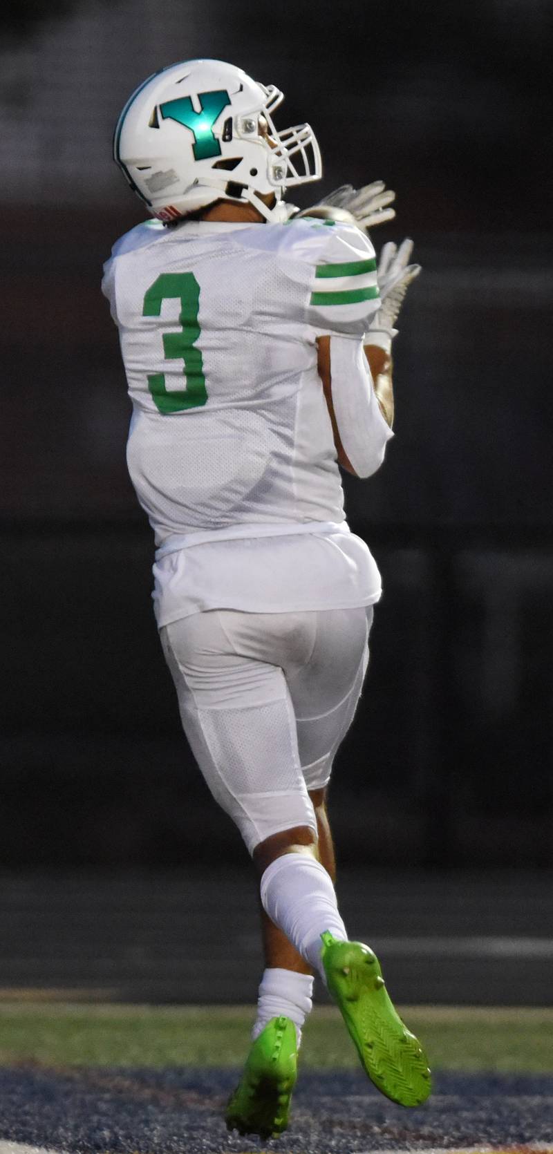Joe Lewnard/jlewnard@dailyherald.com
York’s Chris Danko catches a pass for his second touchdown of the second quarter during a football game against Glenbrook South in Glenview, Ill. on Friday, Aug. 25, 2023.